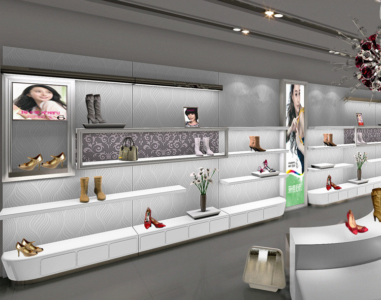 女性の設計の下でたたかれるショールームのための壁に取り付けられた靴の表示装置の靴の棚