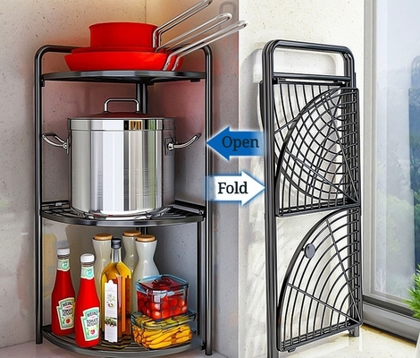 世帯の多層金属の台所棚の床の鍋の折り畳み式の角の棚